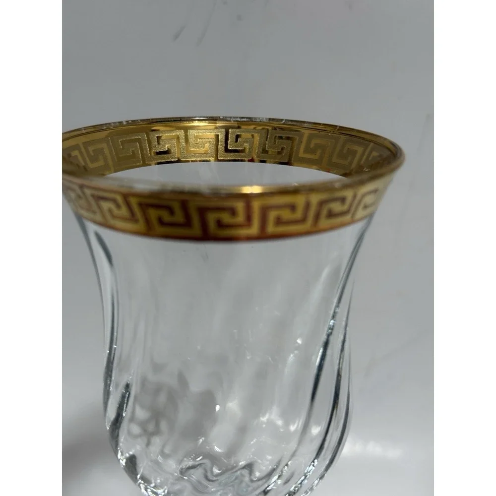 Vintage Gold Greek Key Wine Glasses Set‎ of 2 Optic Swirl Bowl Elegant Barware